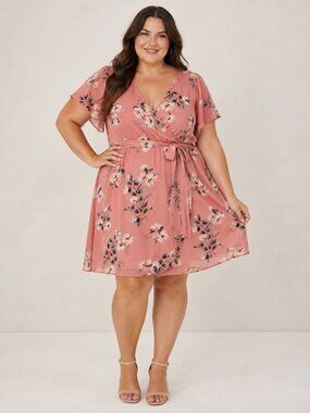 Torrid Floral Wrap Dress Pink Boho Mini Dress Plus Size Cottagecore Flutter Slee